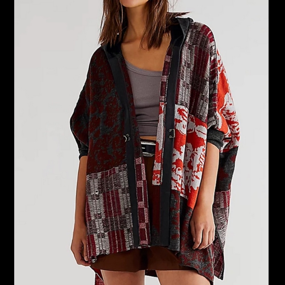 NWOT Free People Autumn Patchwork Poncho Cardi Sweater Hood Slouchy XS/S Z435-22